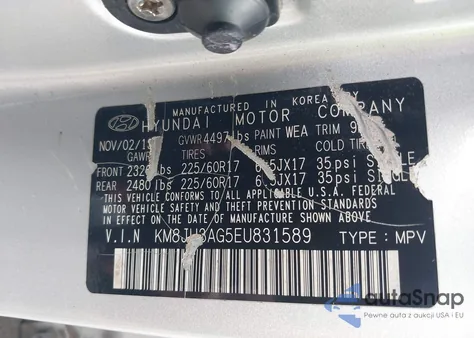 2014 Hyundai Tucson Se from USA, damaged, VIN KM8JU3AG5EU831589